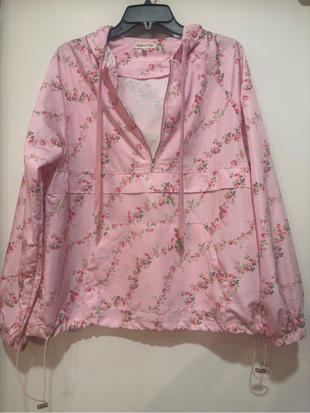 Main Strip Pink Floral Hooded Half-Zip Bomber Jacket